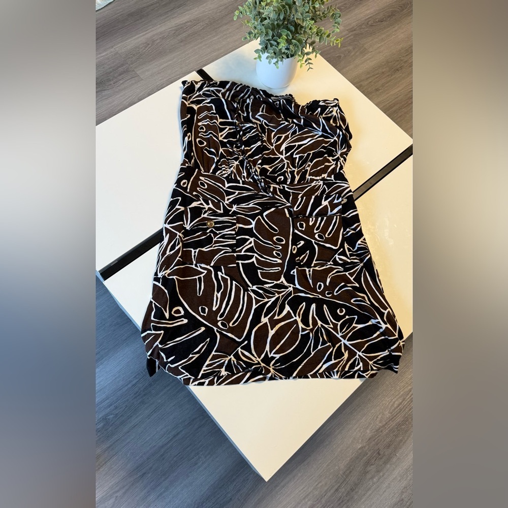 VINTAGE Caché Y2K Strapless Mini Dress Made in USA Tropical Monstera Leaf Print - Picture 4 of 5